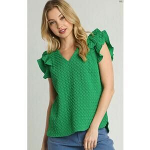 UMGEE Green Textured Jacquard Flutter Short Sleeve V Neck Blouse Size 2XL